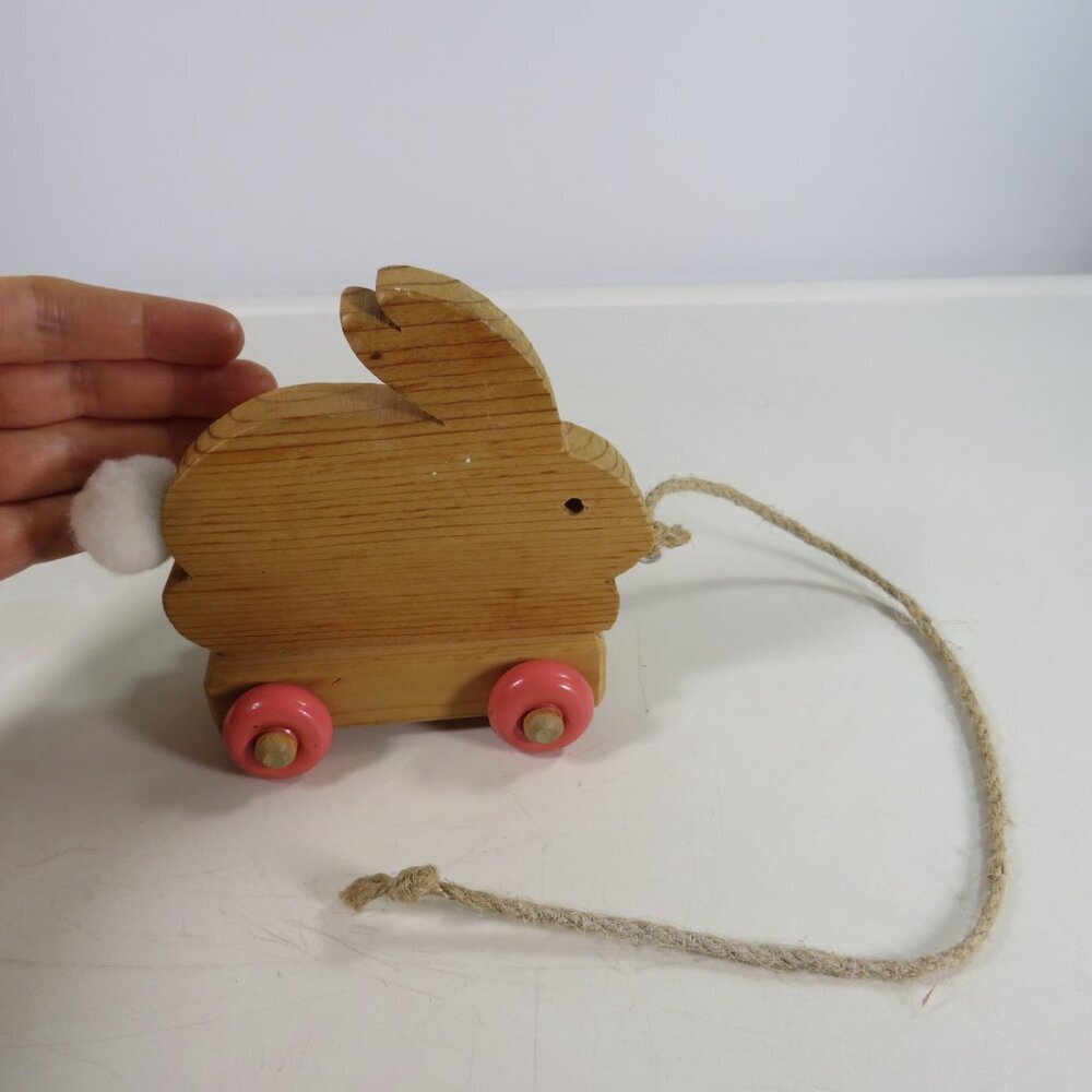 All Wood Bunny Rabbit Pull Toy with wood wheels (fabric tale) 4 1/2" tall